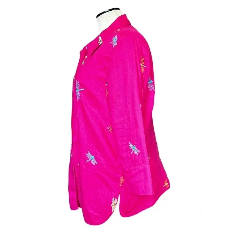 KIM ROGERS Women’s Top Blouse size L embroidered dragonflies 100% linen blouse - Picture 2 of 12